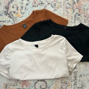 SHEIN Short Sleeve Ribbed Tops - Black, Cream, and Brown